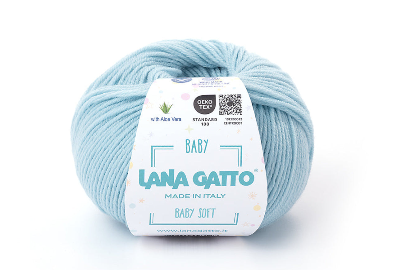 Italienisches Babygarn Lana Gatto Baby Soft, NADELSTÄRKE 4 mm | 6 US, hochwertiges Naturgarn für Stricken und Häkeln von Babykleidung und Kinderbekleidung. FARBE: Azzurro 14451