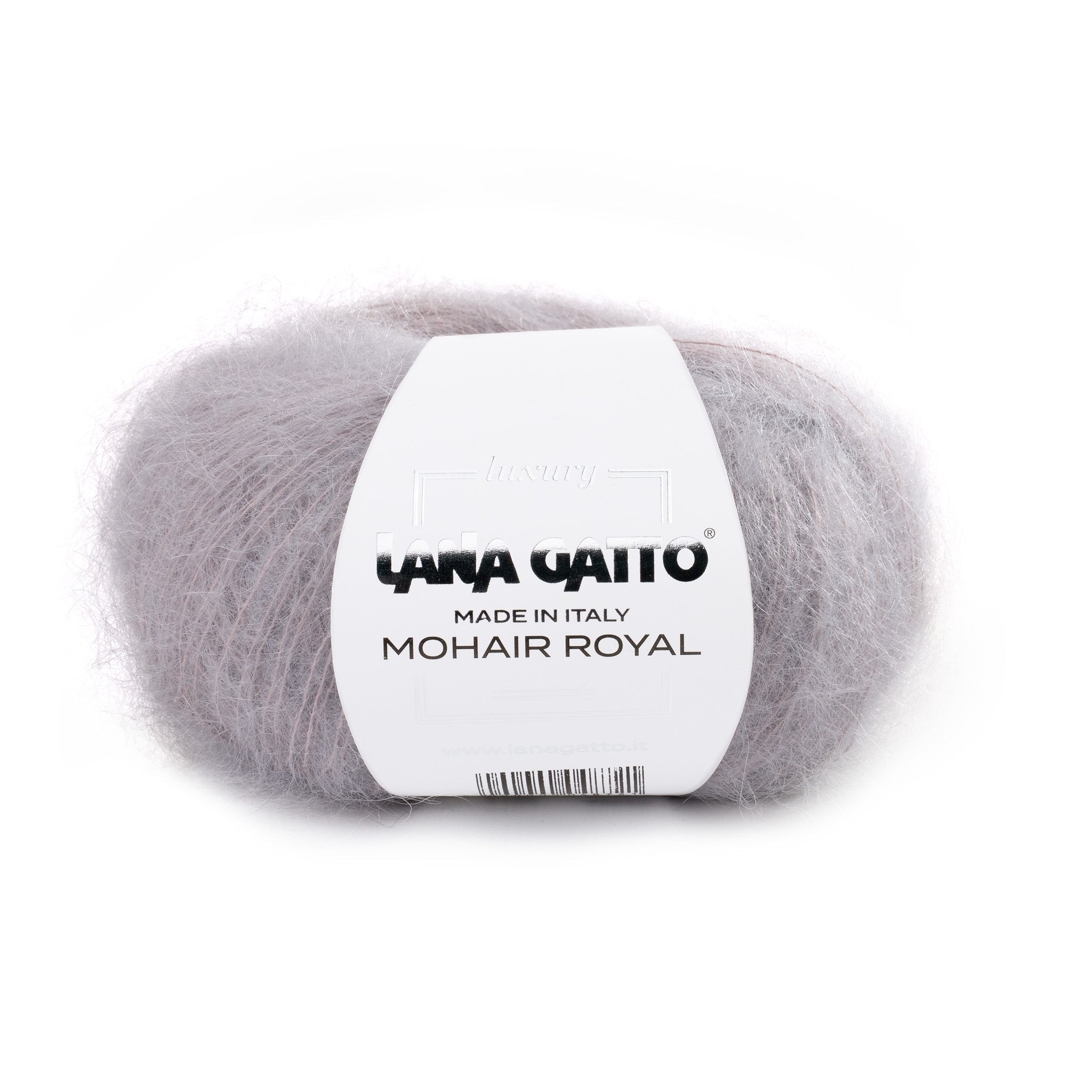 Lana Gatto Mohair Royal in zartem Grau. 80% Kid Mohair 20% Nylon. Weiches Mohairgarn für Schals und Tücher. Flauschige Textur für elegante Loop-Schals