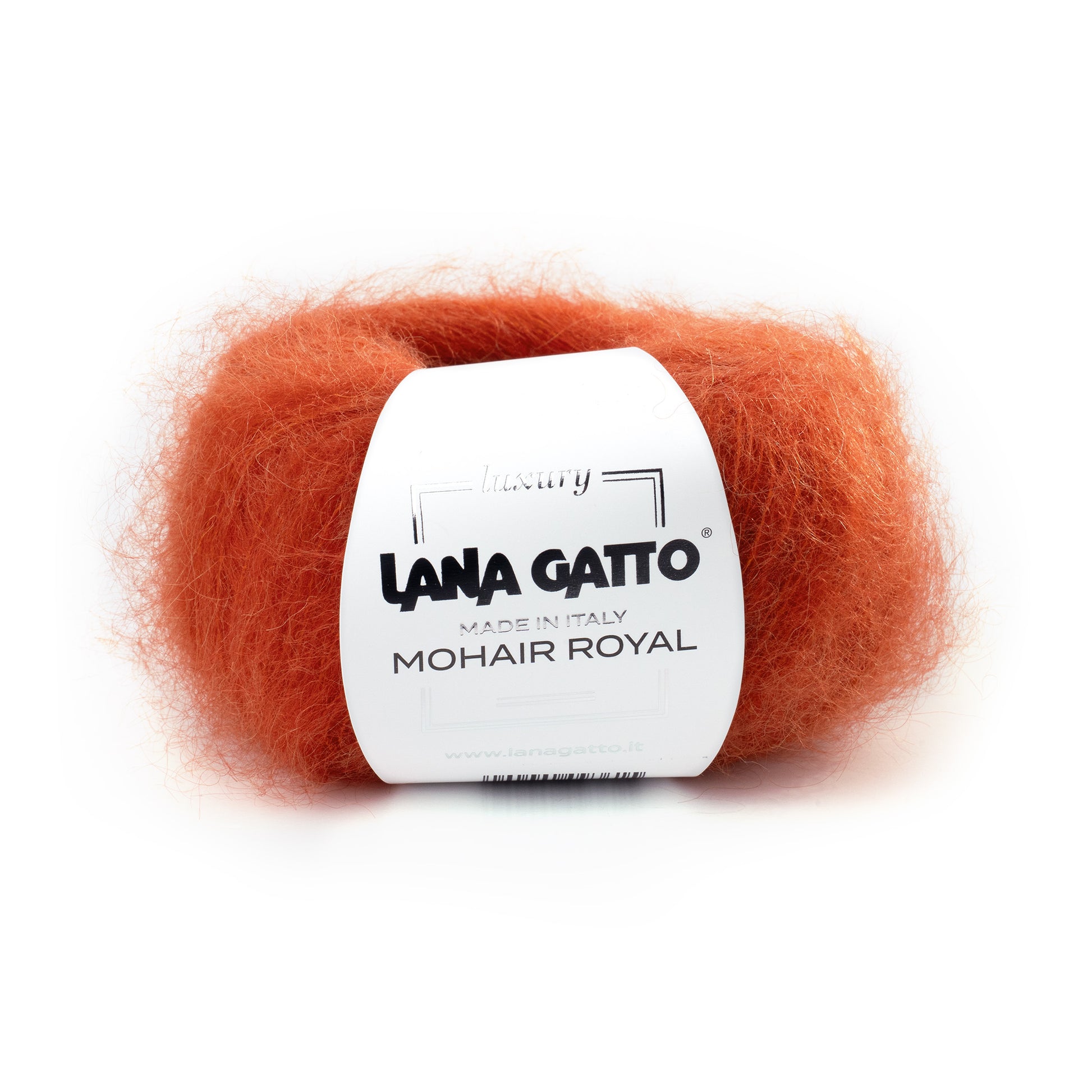 Lana Gatto Mohair Royal in Orange. Hochwertiges Mohairgarn für luxuriöse Pullover und Cardigans. Flauschige Textur und gleichmäßiger Fadenverlauf