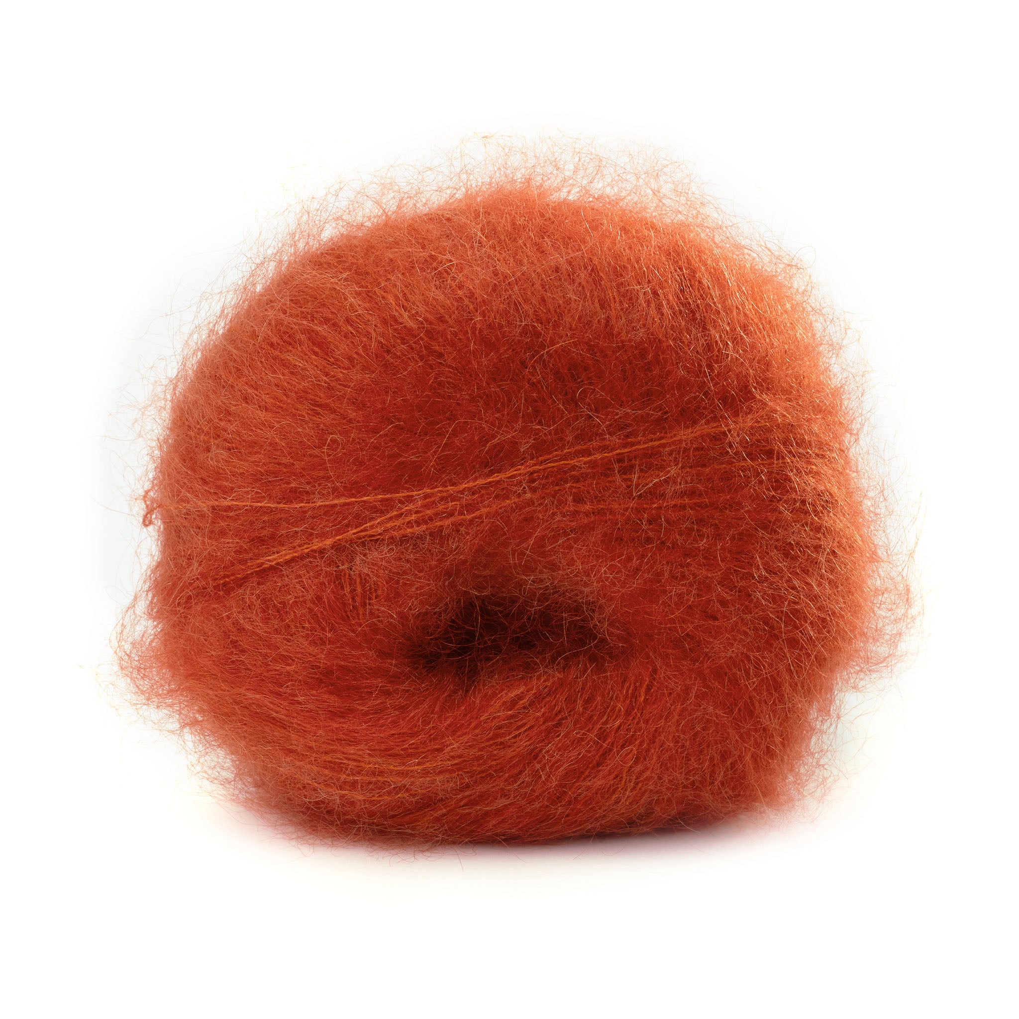 Lana Gatto Mohair Royal in Orange 30113. Hochwertiges Mohairgarn für luxuriöse Pullover und Cardigans. Flauschige Textur und gleichmäßiger Fadenverlauf