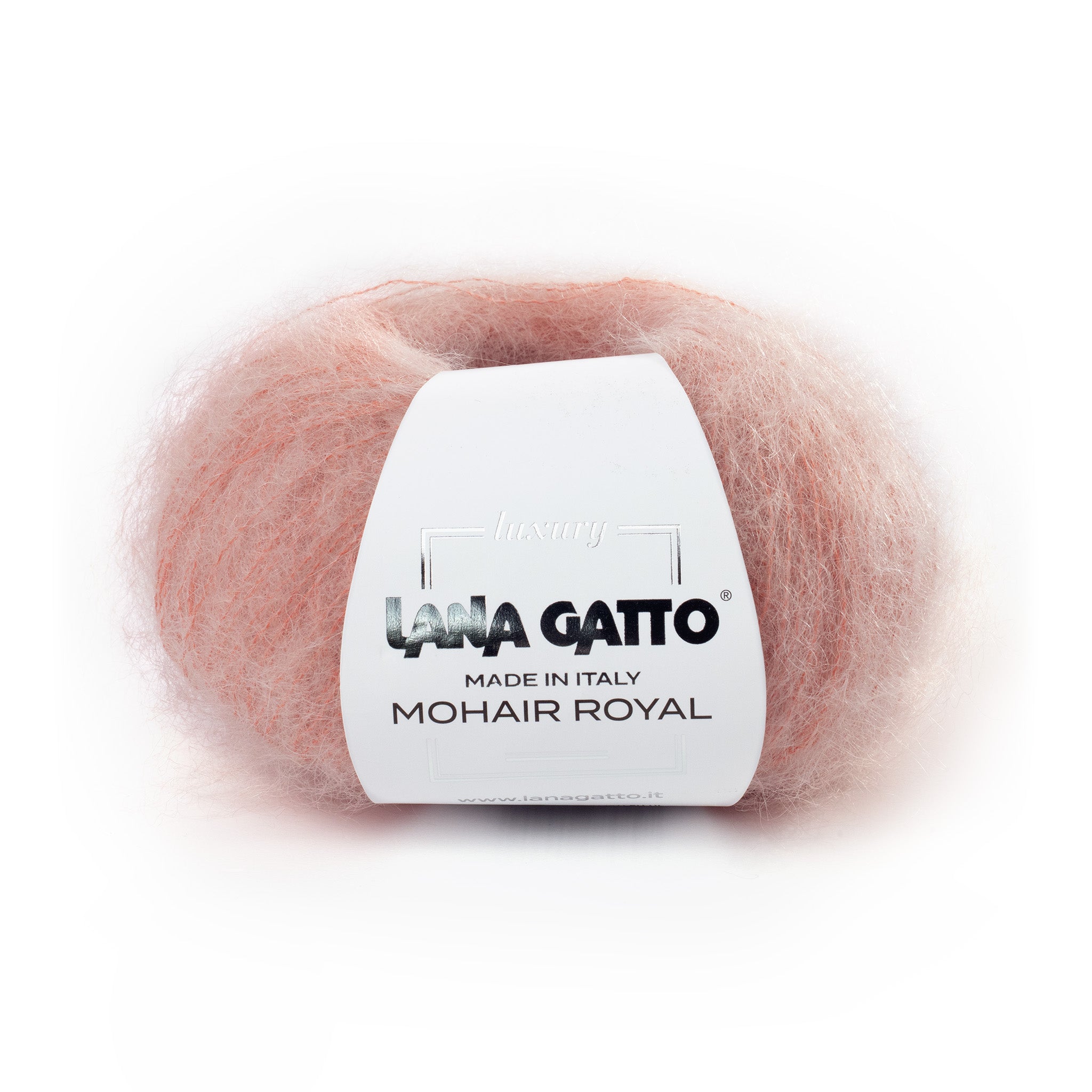 Lana Gatto Mohair Royal Pfirsch. Luftiges Mohairgarn für leichte Sommerkleidung und Tücher. Flauschig und fein. Nadelstärke 3 mm. 25g Knäuel