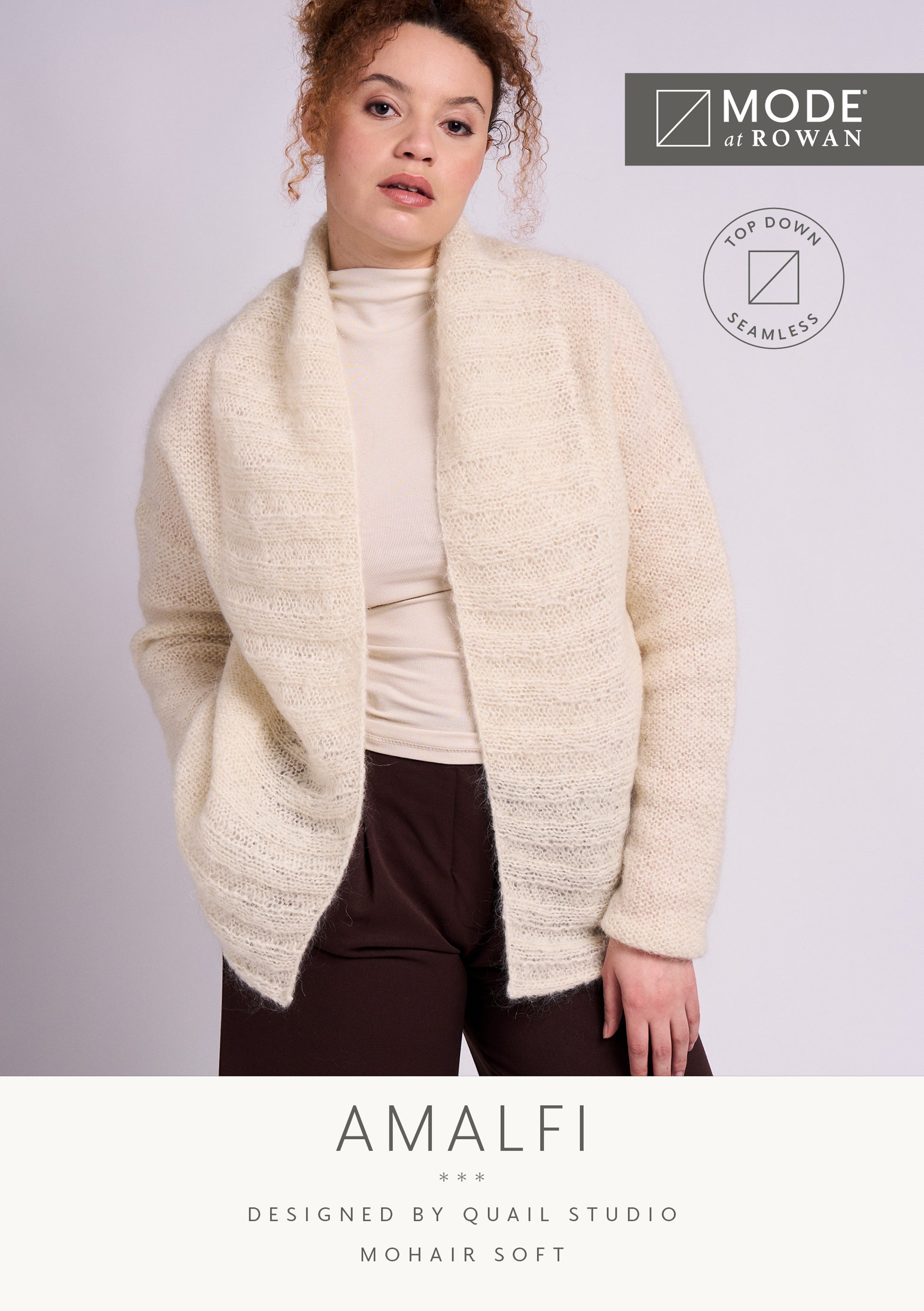 MODE at ROWAN Amalfi Strickanleitung für einen Damen Cardigan aus Mohair Soft mit lockerer Passform und breiten Rippenblenden
