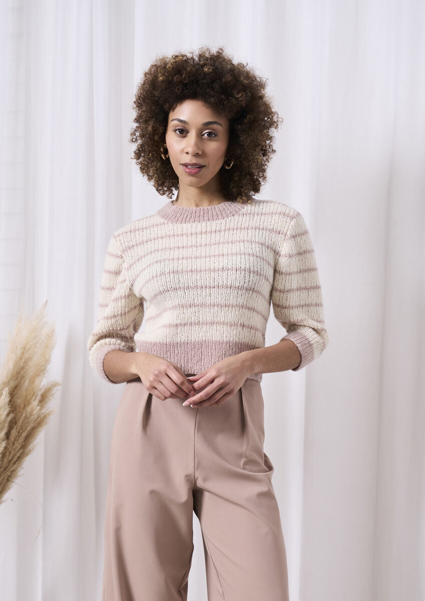 Dunwich Strickanleitung von MODE at ROWAN für einen körpernahen Strickpullover aus Alpaka und Baumwolle mit zweifarbigen Streifen