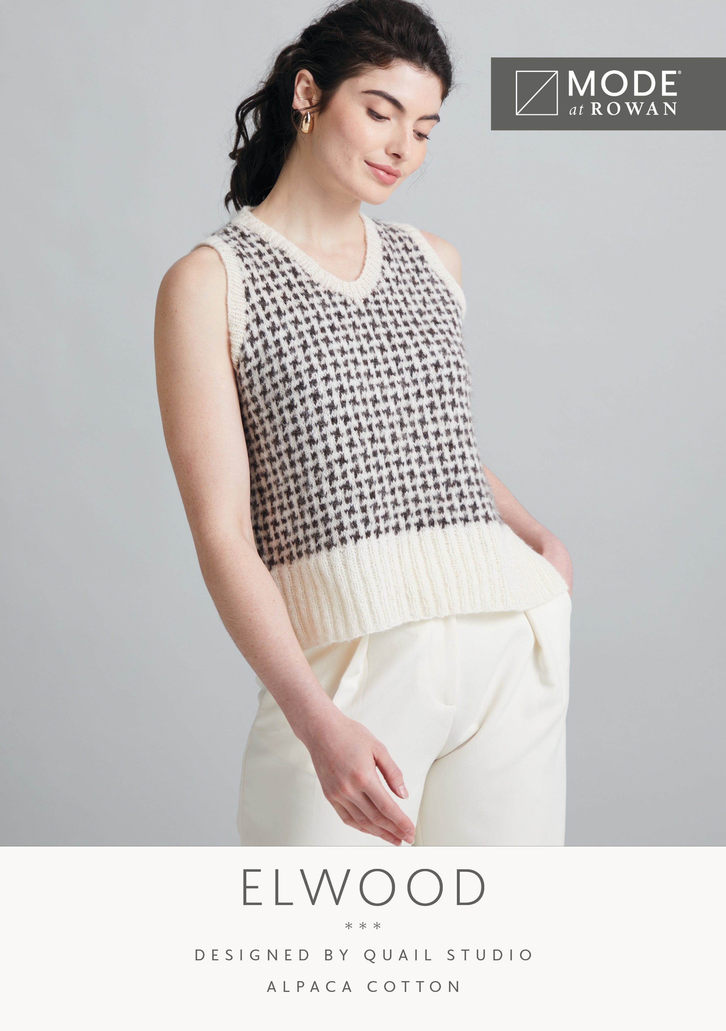 MODE at ROWAN Elwood Strickanleitung für einen Damen Pullunder aus Alpaca Cotton mit V-Ausschnitt und Hahnentrittmuster