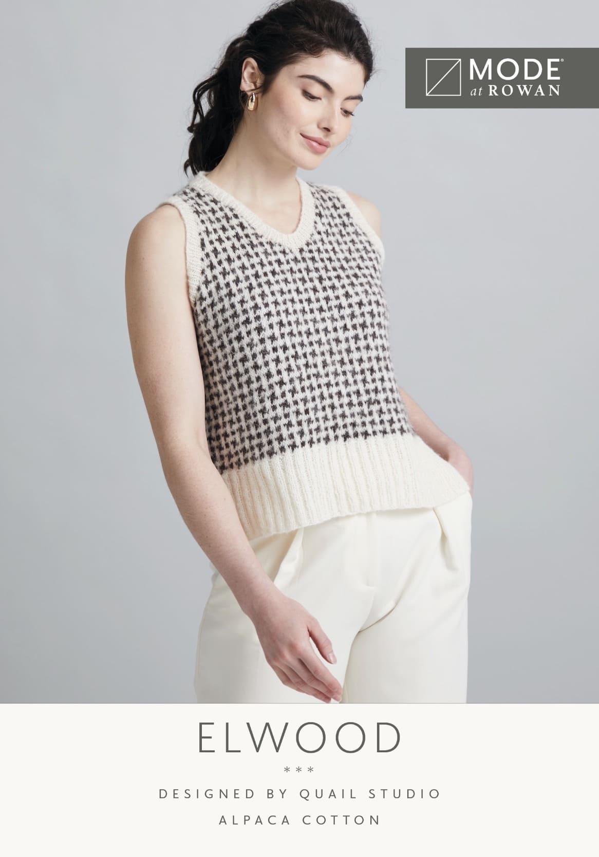 MODE at ROWAN Elwood Strickanleitung für einen Damen Pullunder aus Alpaca Cotton mit V-Ausschnitt und Hahnentrittmuster