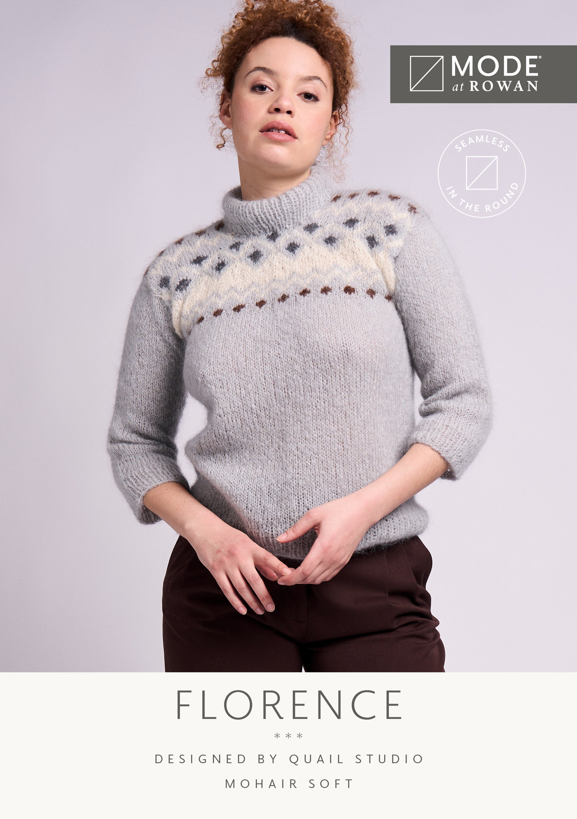MODE at ROWAN Florence Strickanleitung für einen nahtlosen Damenpullover aus Mohair Soft mit hohem Kragen und Fair-Isle-Muster