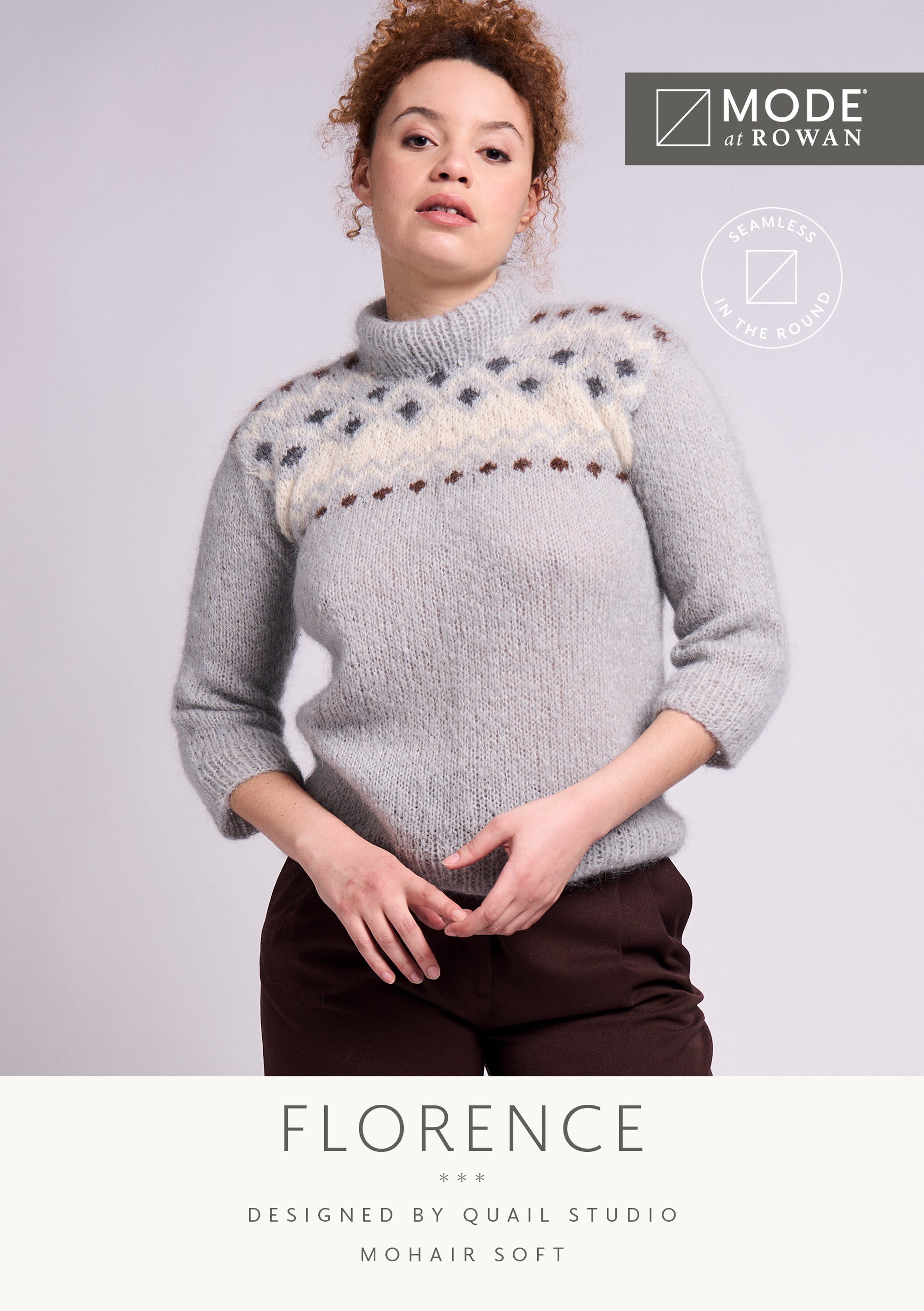 MODE at ROWAN Florence Strickanleitung für einen nahtlosen Damenpullover aus Mohair Soft mit hohem Kragen und Fair-Isle-Muster