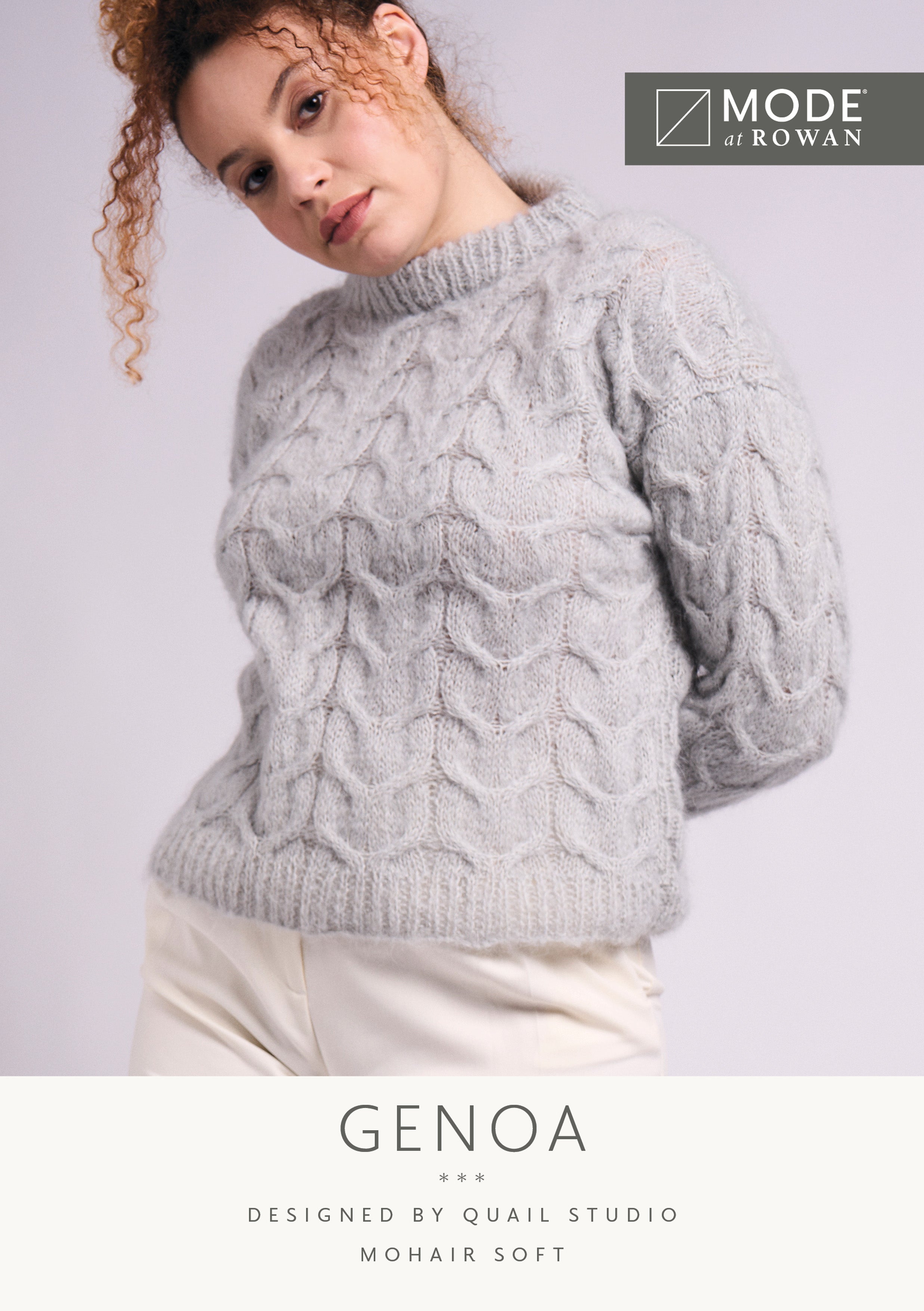 MODE at ROWAN Genoa Strickanleitung für einen Damenpullover aus Mohair Soft mit durchgehendem Zopfmuster und Rundhalsausschnitt