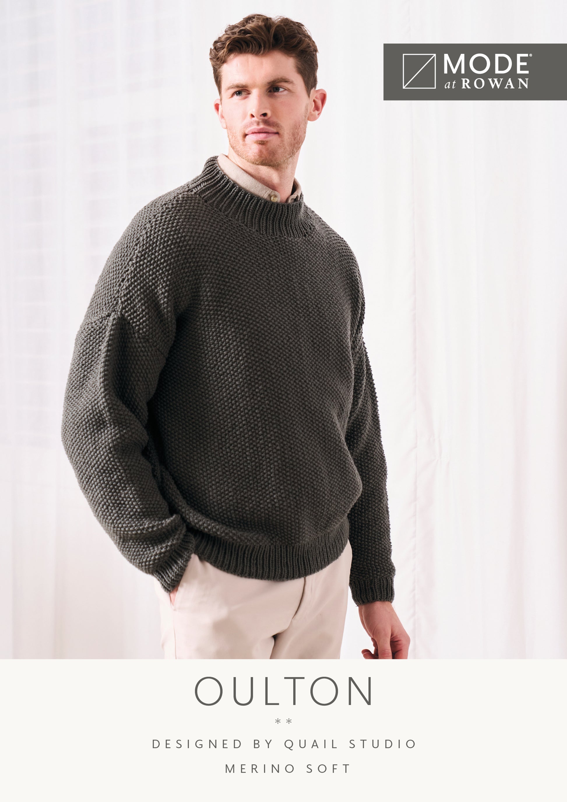 MODE at ROWAN Oulton Strickanleitung für einen Herrenpullover aus Merino Soft mit Rundhalsausschnitt und Perlmuster