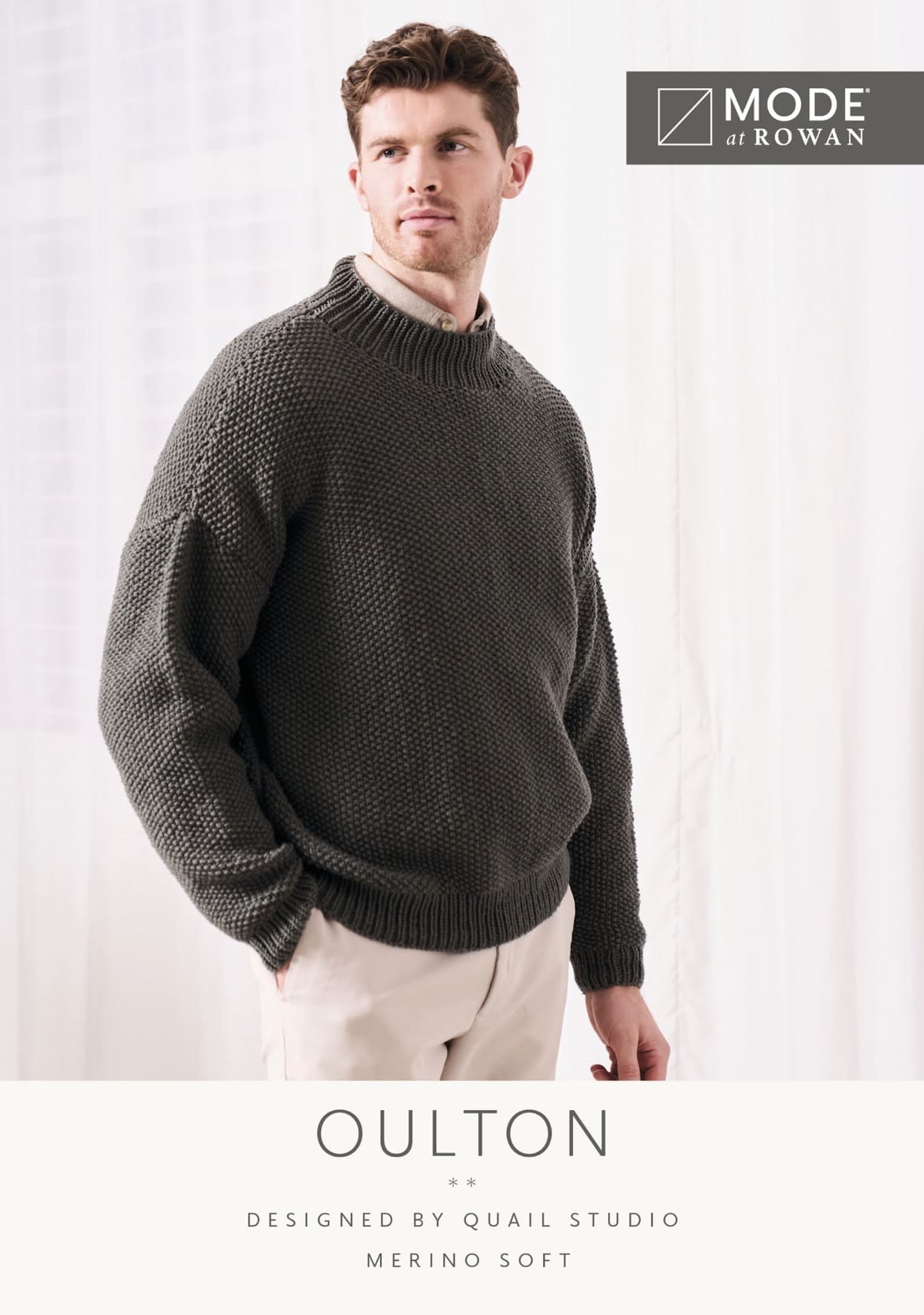 MODE at ROWAN Oulton Strickanleitung für einen Herrenpullover aus Merino Soft mit Rundhalsausschnitt und Perlmuster
