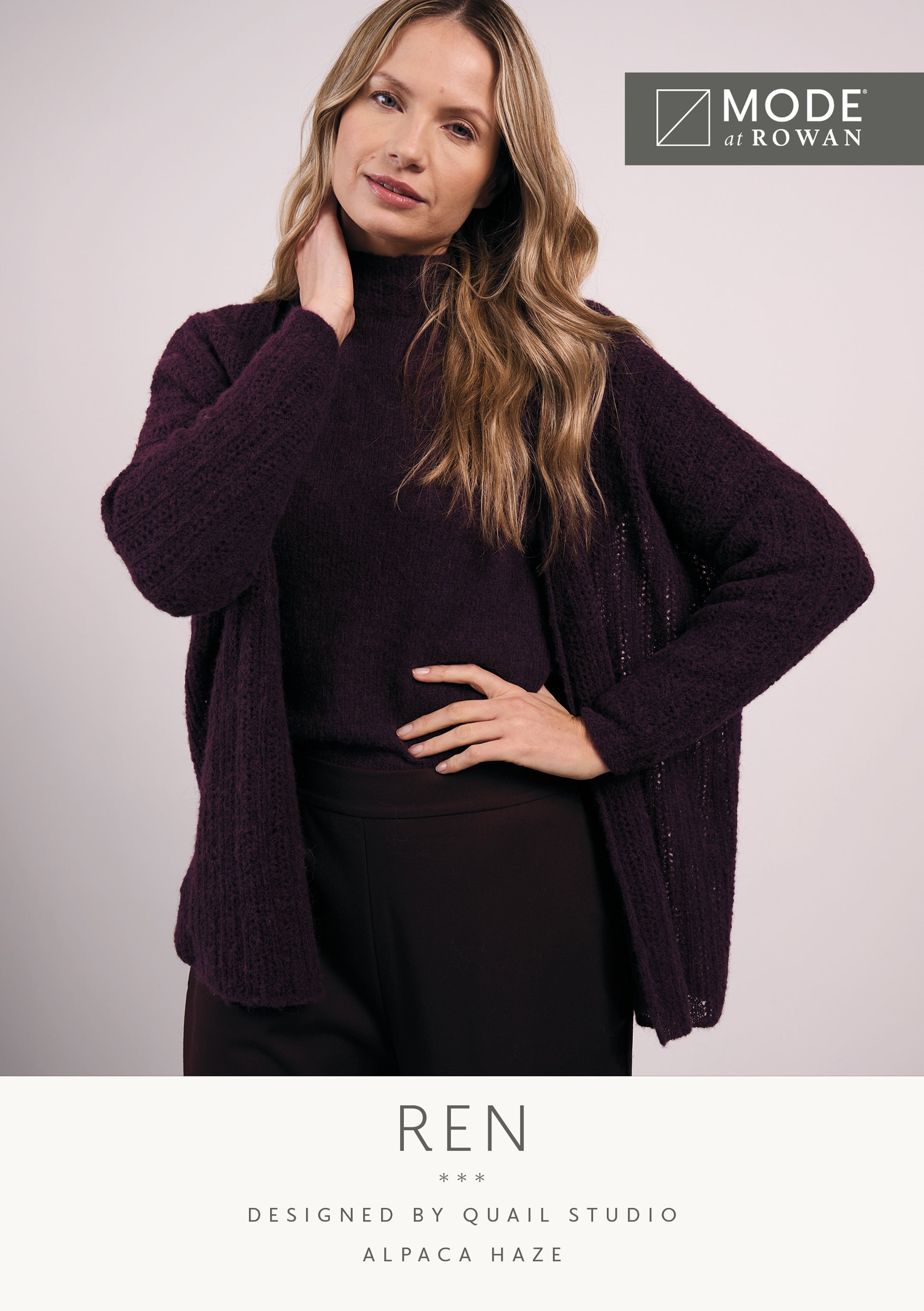 MODE at ROWAN Ren Strickanleitung für eine locker sitzende Damenjacke aus Alpaca Haze mit V-Ausschnitt und durchgehendem Lochmuster