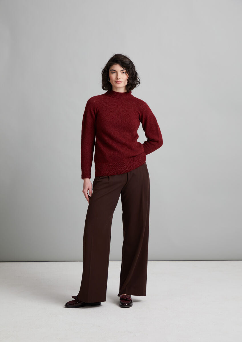 Senna Strickanleitung von MODE at ROWAN für einen Top-down-Pullover aus Alpaka-Baumwolle mit gerippten Bündchen