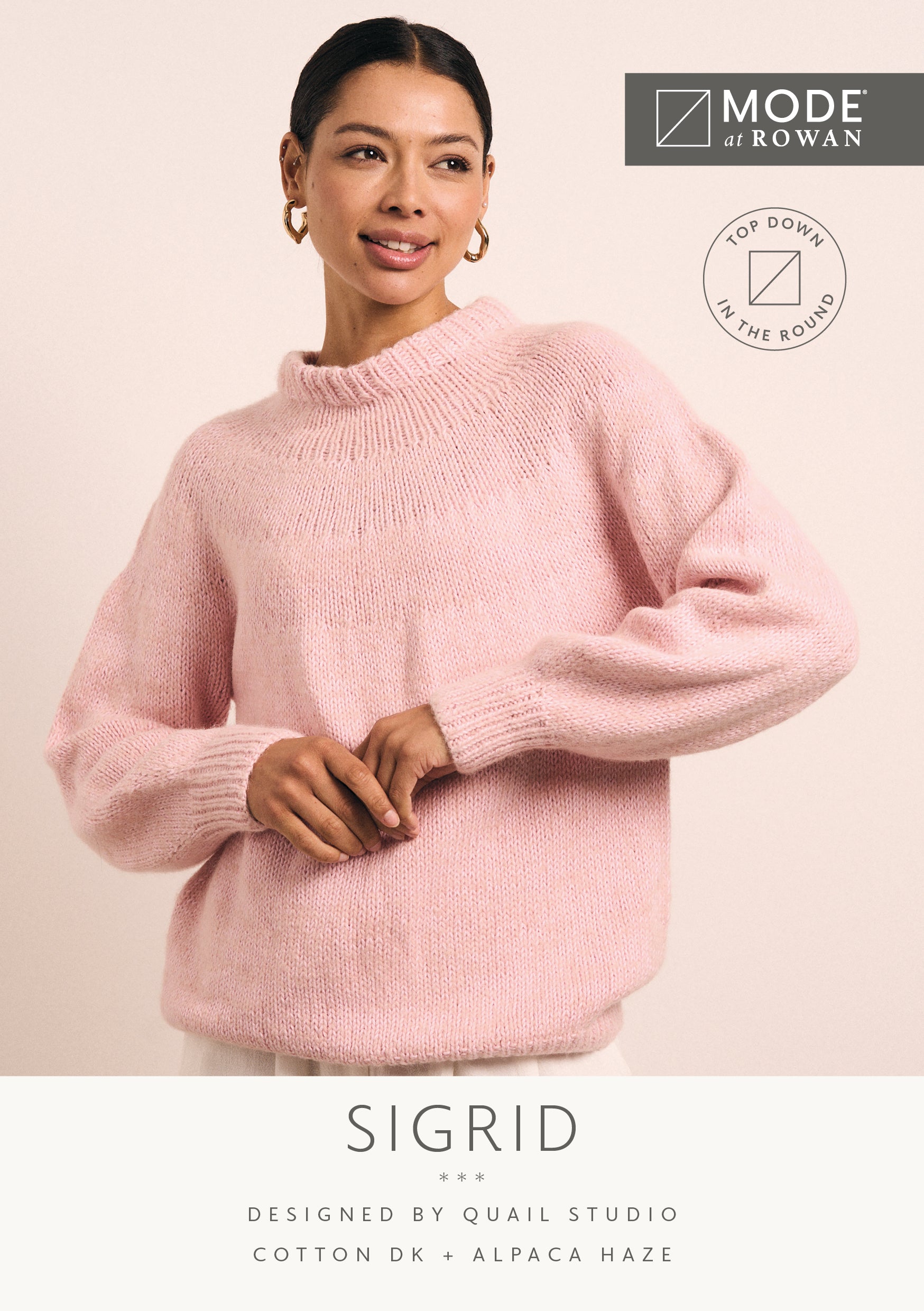 MODE at ROWAN Sigrid Strickanleitung für einen weichen Damenpullover aus Alpaca Haze und Cotton DK mit ausgestellten Ärmeln