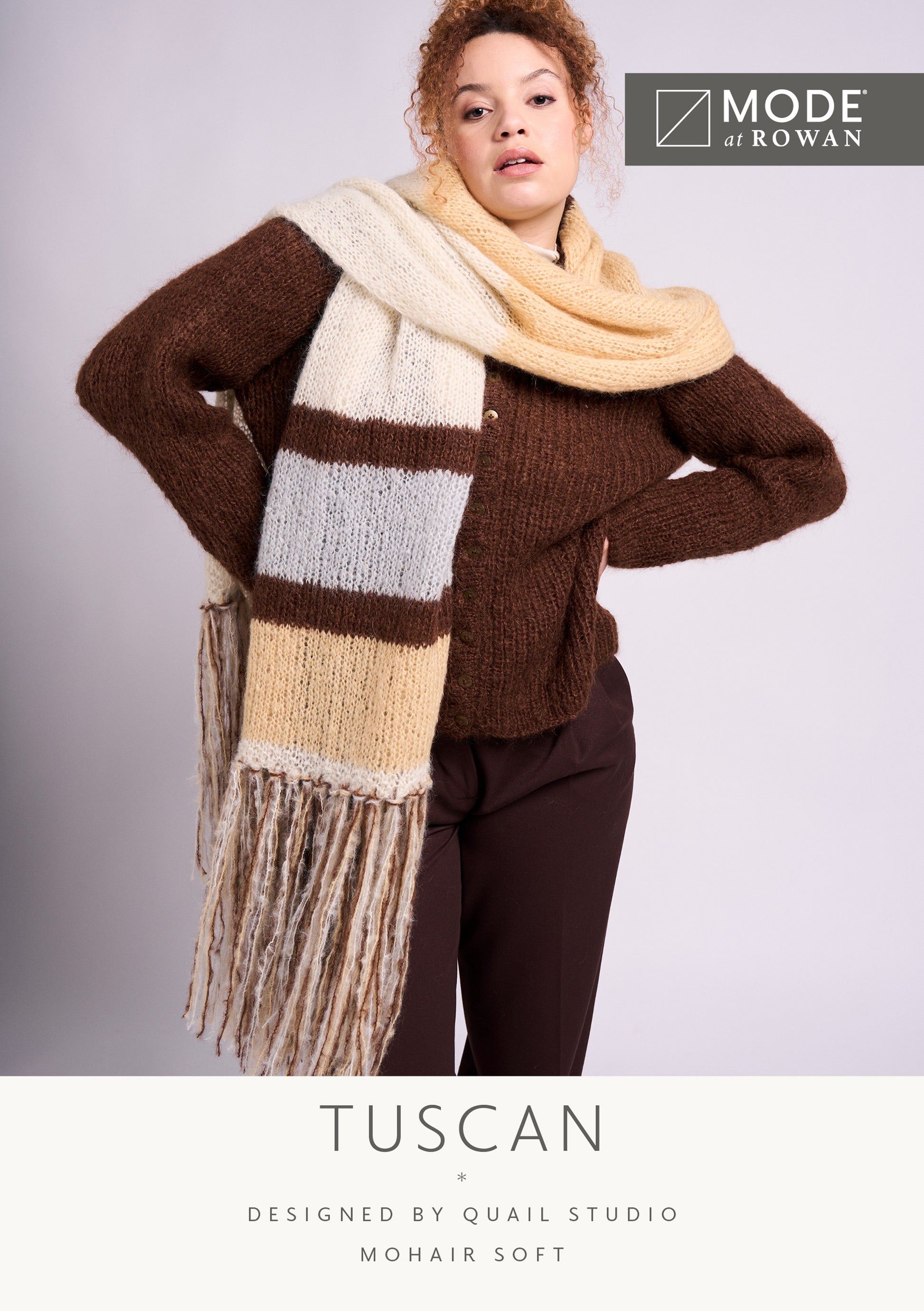 MODE at ROWAN Tuscan Strickanleitung für einen langen Schal aus Mohair Soft mit Colourblock-Streifen und Fransen